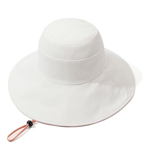 Womens Foldable Shapeable Brim Sun Hat UPF 50+ Cotton Wide Brim Beach Adjustable Chin Strap Hat Sun Protection Cap - color: White Pink