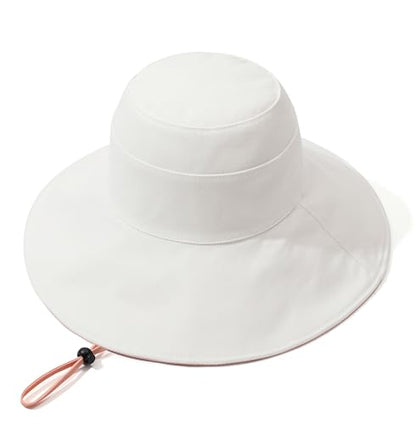 Womens Foldable Shapeable Brim Sun Hat UPF 50+ Cotton Wide Brim Beach Adjustable Chin Strap Hat Sun Protection Cap - color: White Pink