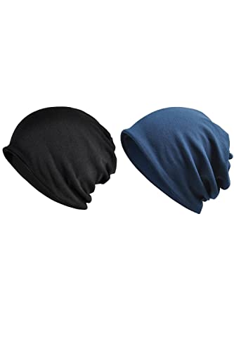 Jeelow Cotton Slouchy Open Top Beanie Hat 2 Pack - color: Blue+black