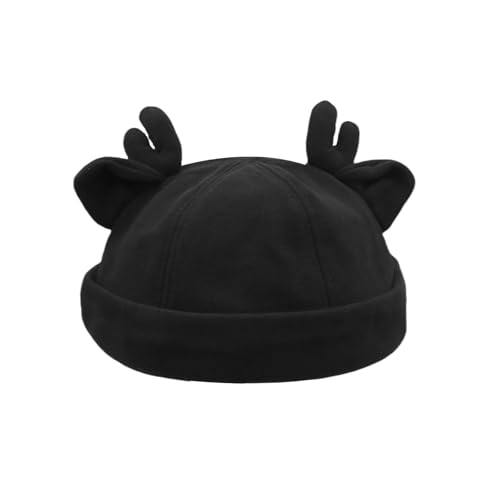 Beanie Hats for Women Men Brimless Skullcap Docker Cap with Reindeer Antlers Rolled Cuff Retro Adjustable Sailor Cap - color: Black