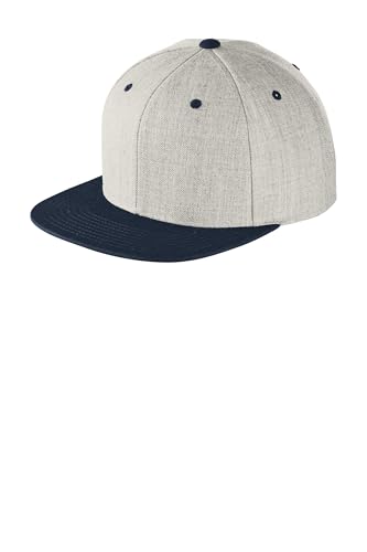 SPORT-TEK Unisex Classics Flat Bill Snapback Cap | Snapback Hat for Men & Women, High Profile Design with 7 Position Closure - color: Heather Grey/ True Navy
