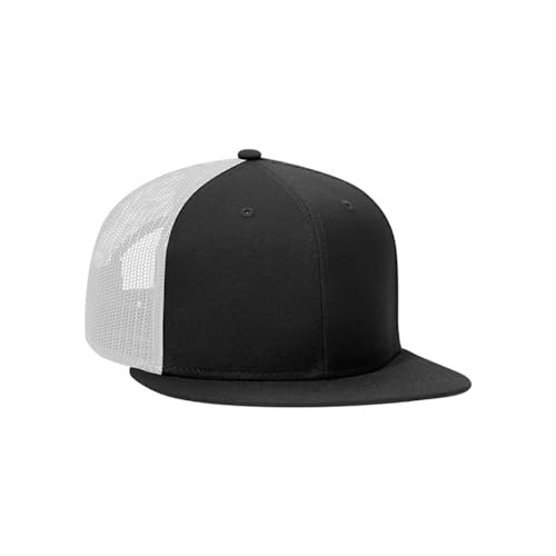 Ashen Fane 6 Panel Mid Profile Mesh Back Structured Trucker Adjustable Snapback Hat - color: Blk/Blk/Wht