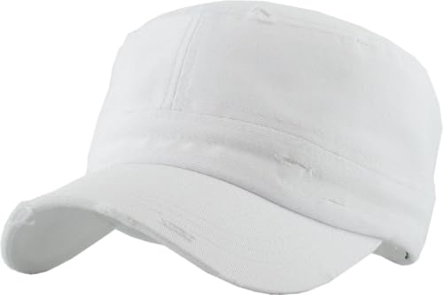 Vintage Distressed Cadet Army Cap Basic Everyday Military Style Hat - color: White Vintage Distressed