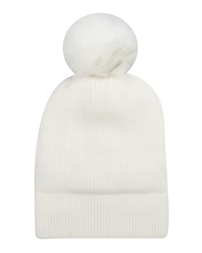 Women Girls Winter Sequin Beanie Hat with Faux Fur Pom Pom Knit Skull Cap - color: Glitter-white