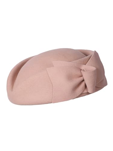 HIMESPORT Wool Felt Bowler Fascinators Hats for Women Ladies Female Elegant Wedding Tea Party Beret Hat with Bowknot - color: Pink