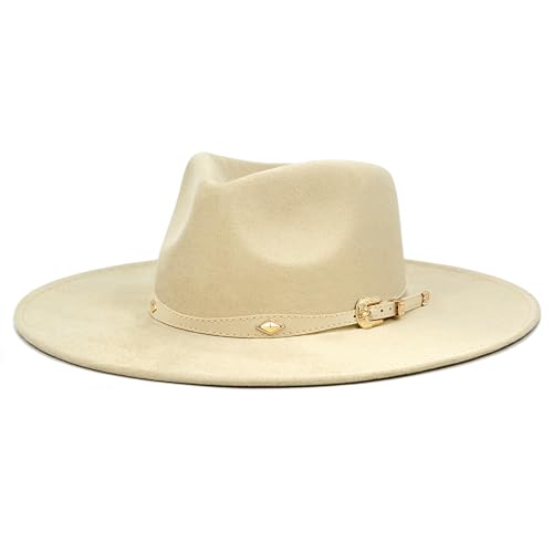 FLUFFY SENSE. Big Wide Brim Boho Western Hat for Women and Men - Felt Rancher Fedora Hat with 4 inches Flat Brim - color: Cream Beige, size: Medium