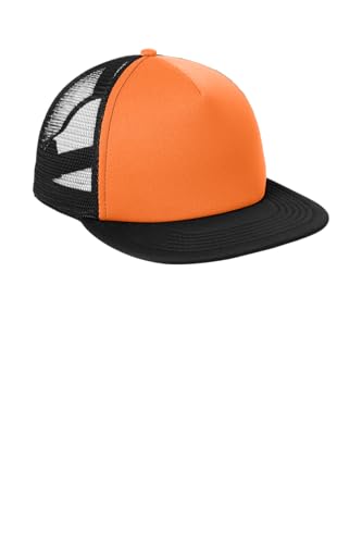 District Flat Bill Snapback Trucker Cap, Flat Brim Hat for Men & Women - color: Neon Orange