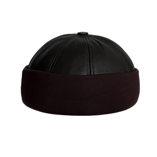 Lukkizara Winter Sheepskin Leather Fur Knit Beanie Cuff Round Bucket Winter Ski Hat - color: Dark Coffe