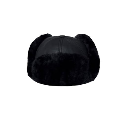 Leather Aviator Russian Ushanka Trapper Shearling Sheepskin Fur Ear Flap Waterproof Winter Hat - color: Black, size: Medium