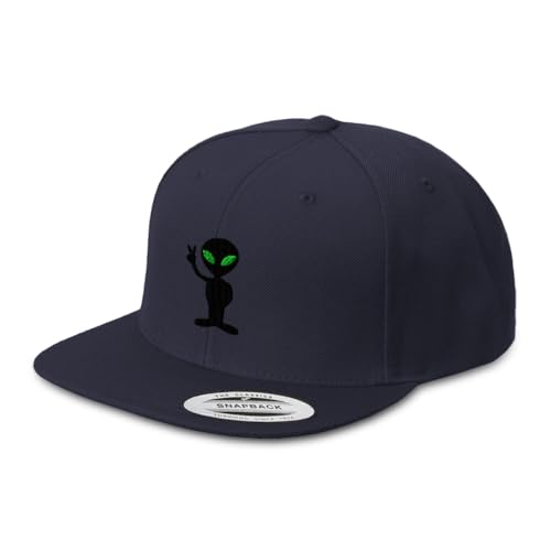 Custom Flat Brim Snapback Cap-Alien Peace Sign and Symbol - color: Navy Design Only