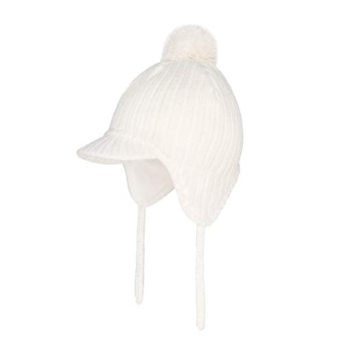 Toddler Fleece Beanie Winter Hat with Ear Flaps Baby Knit Hat with Visor - color: White, size: 2-4T