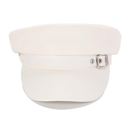 Women's Yacht Captain Sailor Hat, PU Material Newsboy Hat, Stylish Biker Hat, Baker Boy Hat, Peaked Beret - color: White Leather Belt Style