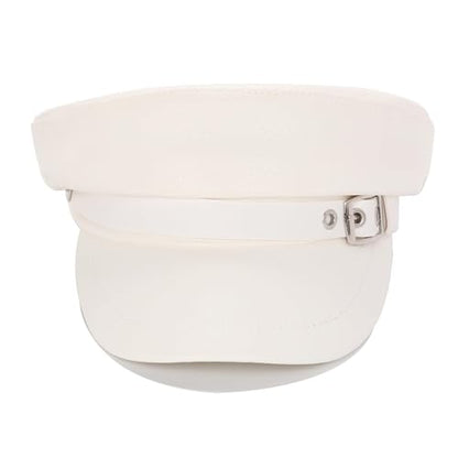 Women's Yacht Captain Sailor Hat, PU Material Newsboy Hat, Stylish Biker Hat, Baker Boy Hat, Peaked Beret - color: White Leather Belt Style