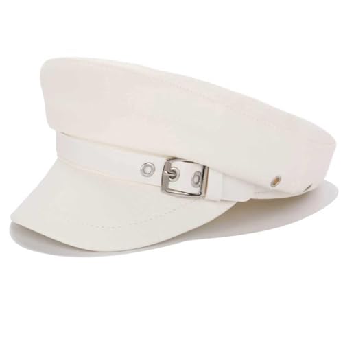 Women's Yacht Captain Sailor Hat, PU Material Newsboy Hat, Stylish Biker Hat, Baker Boy Hat, Peaked Beret - color: White Leather Belt Style