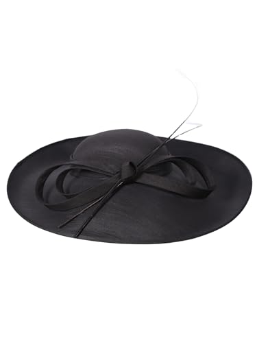 Big Wide Brim Fascinator Hats for Women Ladies Kentucky Tea Party Dress Flat Top Fedoras Hat with Bow Feather - color: Black