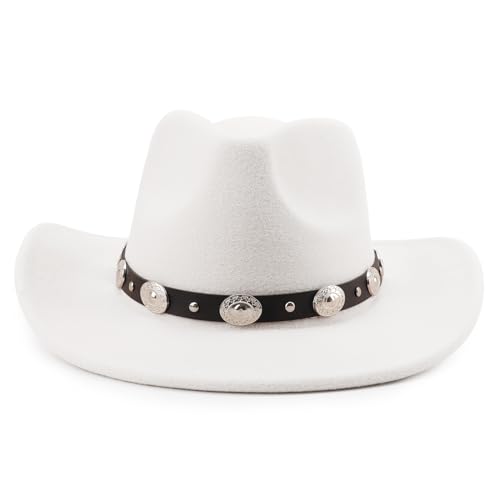 DRESHOW Women Men Classic Felt Wide Brim Western Cowboy & Cowgirl Cap Belt Buckle Retro Panama Hat Unisex Rolled up Caps - color: 1 Pack: White Cowboy Hat (Hat Circumference: 22-22.8")