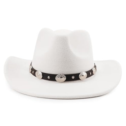 DRESHOW Women Men Classic Felt Wide Brim Western Cowboy & Cowgirl Cap Belt Buckle Retro Panama Hat Unisex Rolled up Caps - color: 1 Pack: White Cowboy Hat (Hat Circumference: 22-22.8")