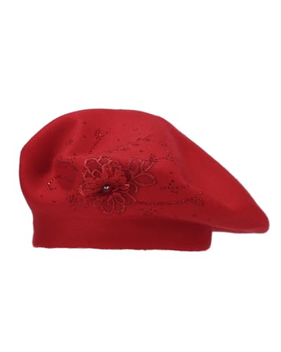 Women's Floral Knit Beret Hat, French Style Winter Cap with Rhinestones - color: Red