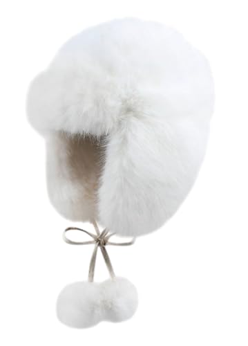 Women Faux Fur Trapper Hat Fuzzy Ushanka Hat Long Pile Faux Fur with Pom Pom Winter Warm Hat Ski Hat Outdoor - color: White
