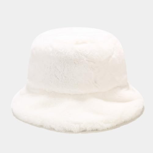 Quanhaigou Winter Faux Fur Bucket Hat,Fuzzy Warm Hat for Women Men, Fluffy Fisherman Cap - color: Plain White