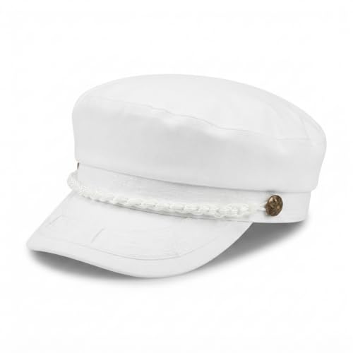 Unisex Greek Fisherman Hat 100% Cotton Sailor Flat Cap Classy Nautical Fiddler - color: White, size: Small-Medium