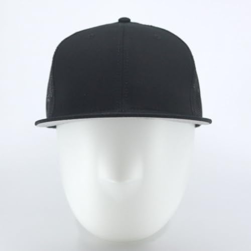 Plain Cotton Twill Flat Brim Mesh Adjustable Snapback Trucker Baseball Cap - color: Black B