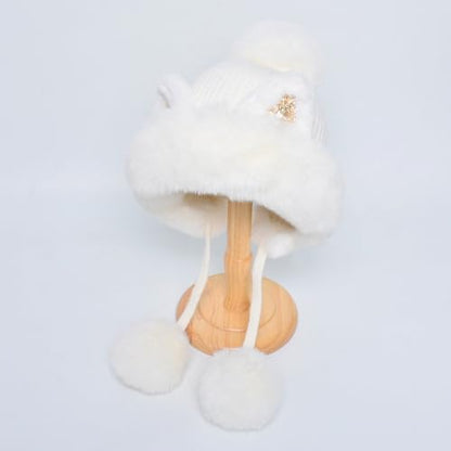 Outdoor Warm Earflap Beanie Hat with Brim Baseball Slouchy Knitted Visor Skull Caps for Women Men Black - color: White