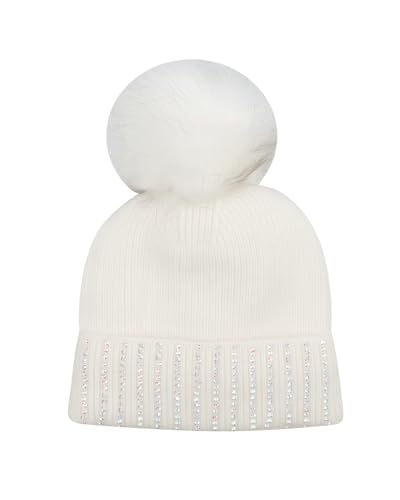 Women Girls Winter Sequin Beanie Hat with Faux Fur Pom Pom Knit Skull Cap - color: Glitter-white
