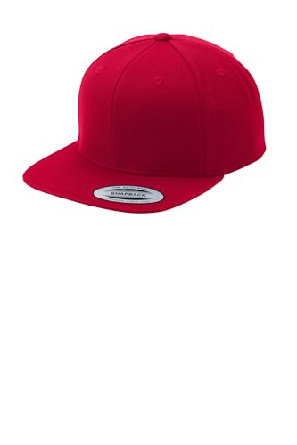 SPORT-TEK Unisex Classics Flat Bill Snapback Cap | Snapback Hat for Men & Women, High Profile Design with 7 Position Closure - color: Deep Red