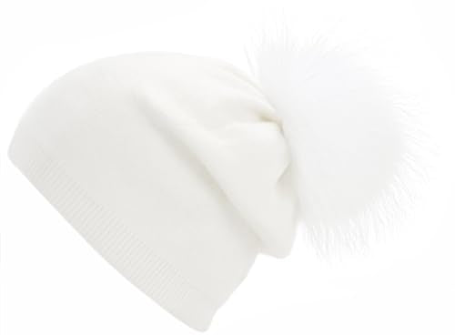 Women's Double Layer Winter Slouchy Knit Beanie Hat with Real Fur Pom Pom - color: White Pom