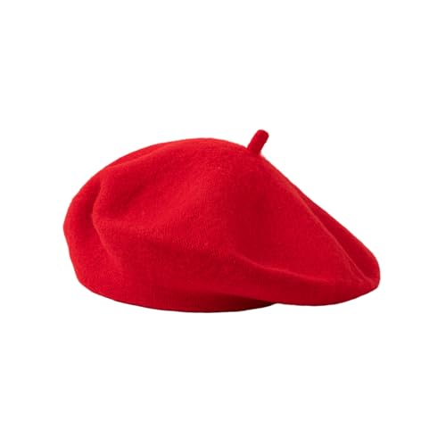 French Style Acrylic Beret - Solid Color Wool-Look Classic Winter Beanie Hat - color: Red