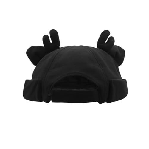 Beanie Hats for Women Men Brimless Skullcap Docker Cap with Reindeer Antlers Rolled Cuff Retro Adjustable Sailor Cap - color: Black