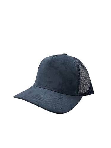 Ashen Fane Faux Suede Polyester Blend 5 Panel Classic Flat or Round Visor Adjustable Snapback Mesh Back Trucker Hat - color: Round - Navy