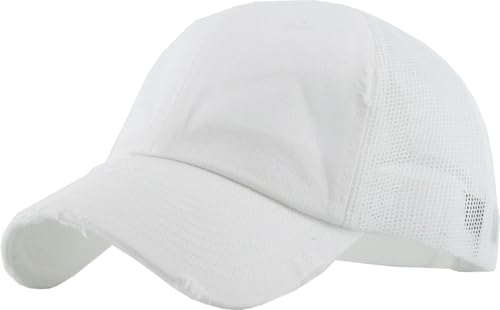 KBETHOS Vintage Washed Distressed Cotton Dad Hat Baseball Cap Adjustable Polo Trucker Unisex Style Headwear - color: White Mesh