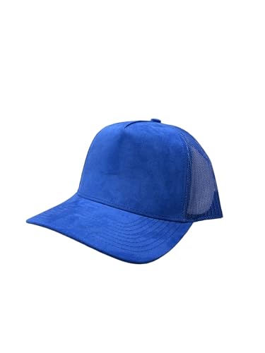 Ashen Fane Faux Suede Polyester Blend 5 Panel Classic Flat or Round Visor Adjustable Snapback Mesh Back Trucker Hat - color: Round - Royal