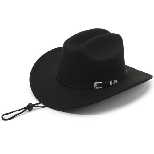 Western Cowboy Hat Men Women Classic Felt Wide Brim Fedora Cowgirl Hat with Belt Buckle Rodeo Party Outdoor