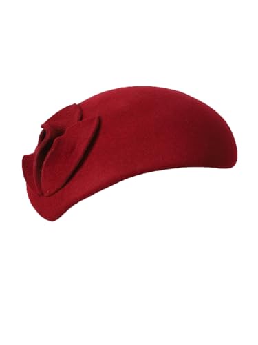 HIMESPORT Wool Felt Fascinator Hats for Women Ladies Female Wedding Cocktail Tea Party Dress Pillbox Hat - color: Wine Red 4