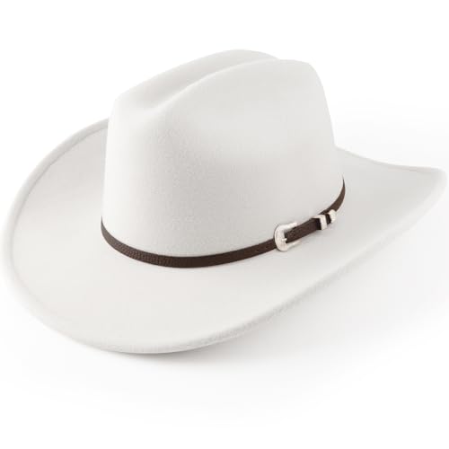 AQOKKA Western Cowboy Hats for Women Classic Felt Wide Brim Fedora Hat with Belt Buckle Retro Panama Hat Unisex Rolled up Cap - color: 1 Pc Fedora Hat : White