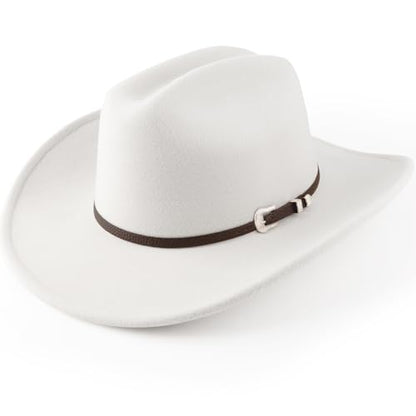 AQOKKA Western Cowboy Hats for Women Classic Felt Wide Brim Fedora Hat with Belt Buckle Retro Panama Hat Unisex Rolled up Cap - color: 1 Pc Fedora Hat : White