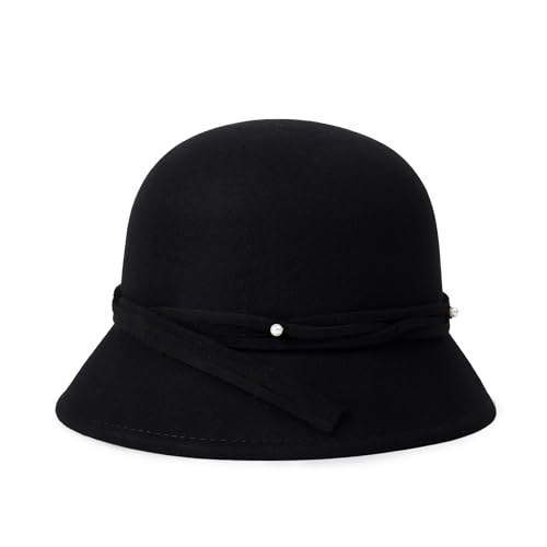 Women Cloche Felt Hat Winter Wool Bucket Hat Vintage Fedora Bowler Hat - color: 1-black