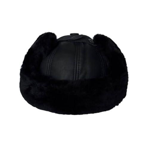 Leather Aviator Russian Ushanka Trapper Shearling Sheepskin Fur Ear Flap Waterproof Winter Hat - color: Black, size: Medium