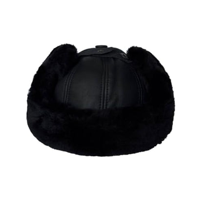 Leather Aviator Russian Ushanka Trapper Shearling Sheepskin Fur Ear Flap Waterproof Winter Hat - color: Black, size: Large