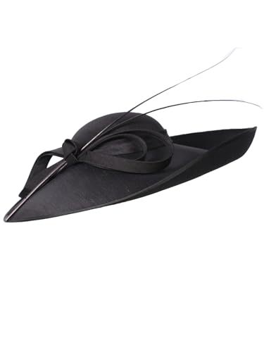 Big Wide Brim Fascinator Hats for Women Ladies Kentucky Tea Party Dress Flat Top Fedoras Hat with Bow Feather - color: Black