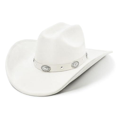 FLUFFY SENSE. Cowboy Hat for Women and Men with Shapeable Wide Brim - Felt Cattleman Western Hats for Cowboys and Cowgirls - color: Ivory White, size: Medium