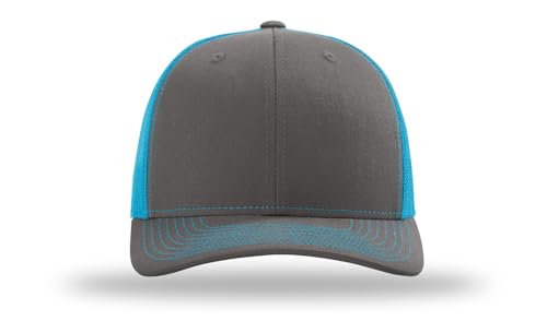 Richardson 112 Trucker Hat - Premium Blank Baseball Cap, Adjustable Snapback Hat - Structured Six Panel Richardson Blank Hats - color: Charcoal/Neon Blue