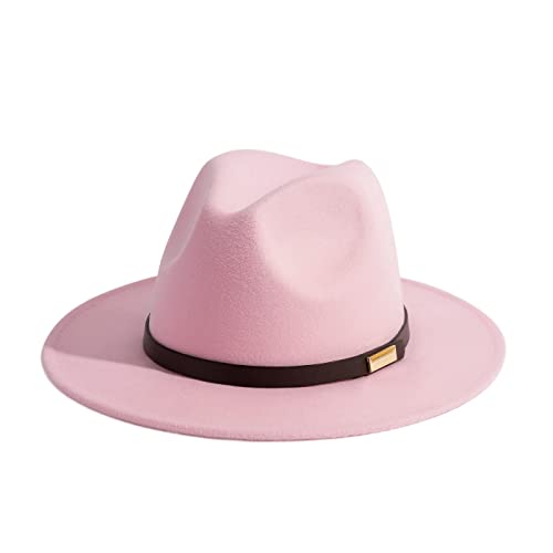 Fedora Hats for Men Wide Brim Panama Hat with Classic Belt - color: Pink