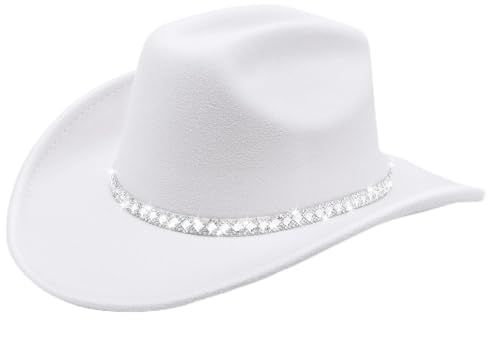DRESHOW Western Cowboy Hat for Women and Men Wide Brim Glitter Cowboy Cowgirl Hat with Rhinestone Felt Fedora Hats - color: 1 Pack Style 10: White