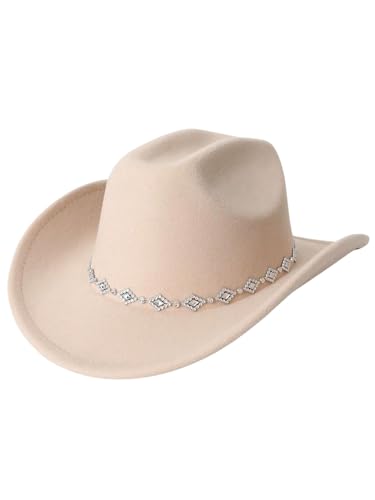 Verdusa Women's Western Cowboy Hat Rhinestone Wide Brim 2026 Cowgirl Hat - color: Beige