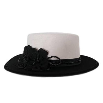 HIMESPORT Women's Black/White Dome and Flat Brim Wool Felt Fedora Hat with Flower Beaded Formal Church Cocktail Hats - color: White
