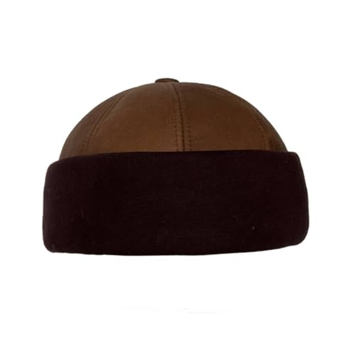 Lukkizara Winter Sheepskin Leather Fur Knit Beanie Cuff Round Bucket Winter Ski Hat - color: Brown